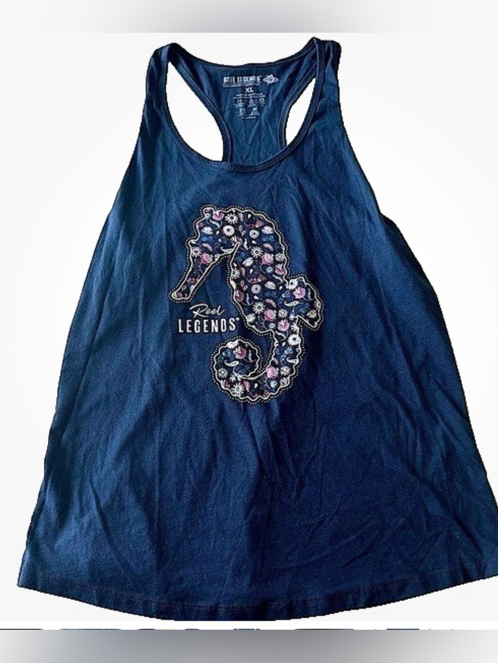 Reel Legends Fourth of July Floral Seahorse Navy Tank Top